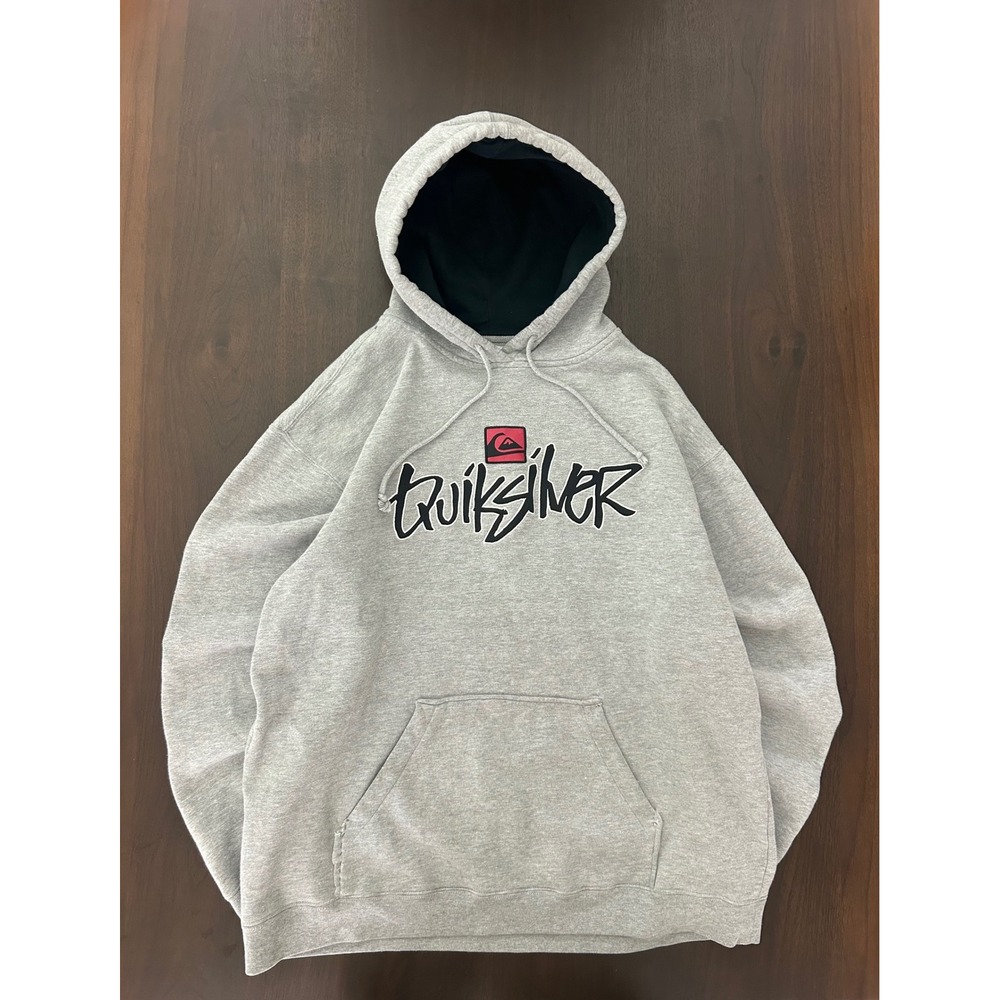 Quiksilver Mens Heather Gray Graphic Logo Pullover Hoodie Large Skate Surf